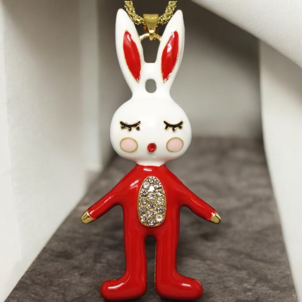 Bunny Rabbit Red, White, & Gold Enamel & Crystal Necklace Easter - Picture 3 of 5